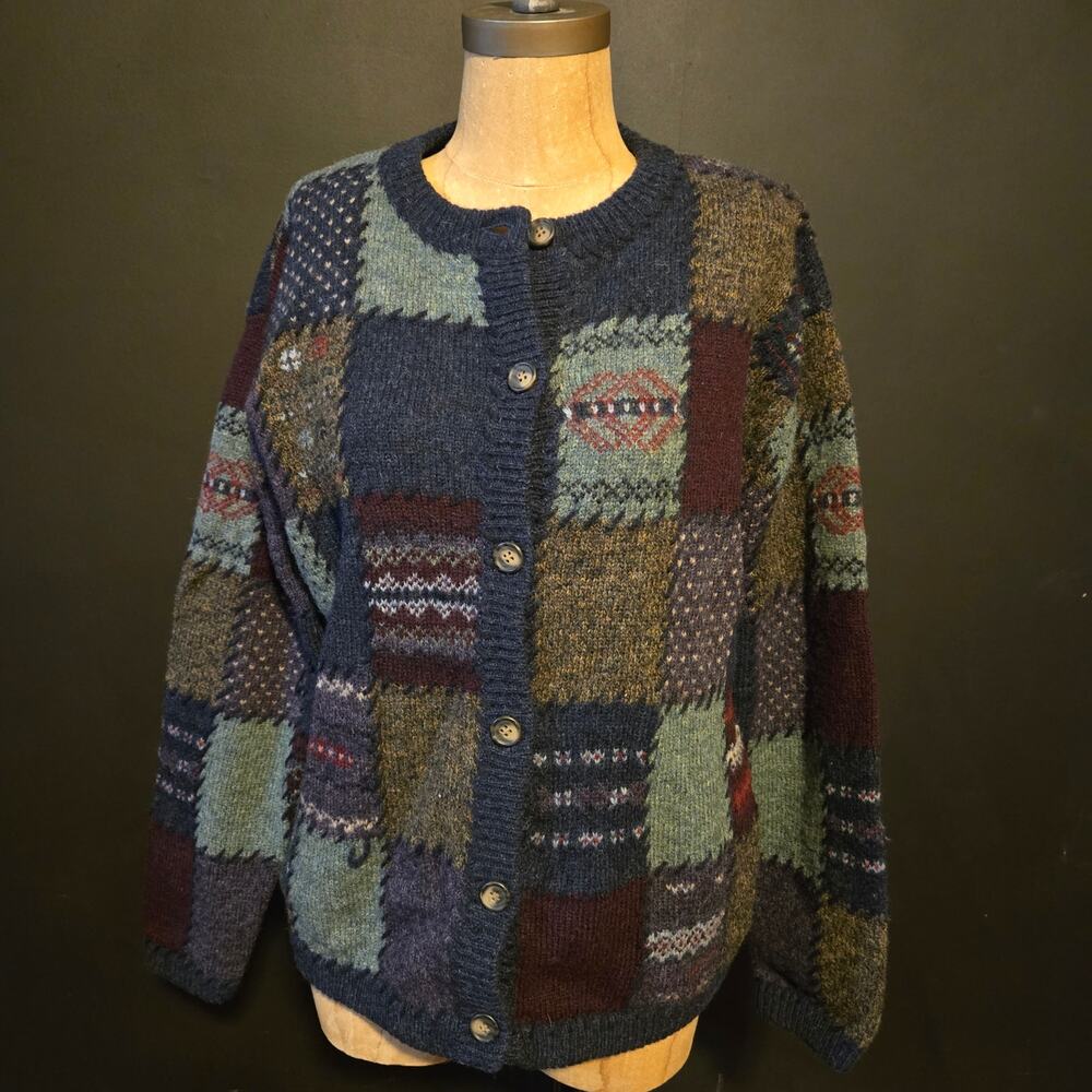 VTG Eddie Bauer "Legend Collection" Deer Bay Patchwork Knit Cardigan medium - Picture 2 of 10
